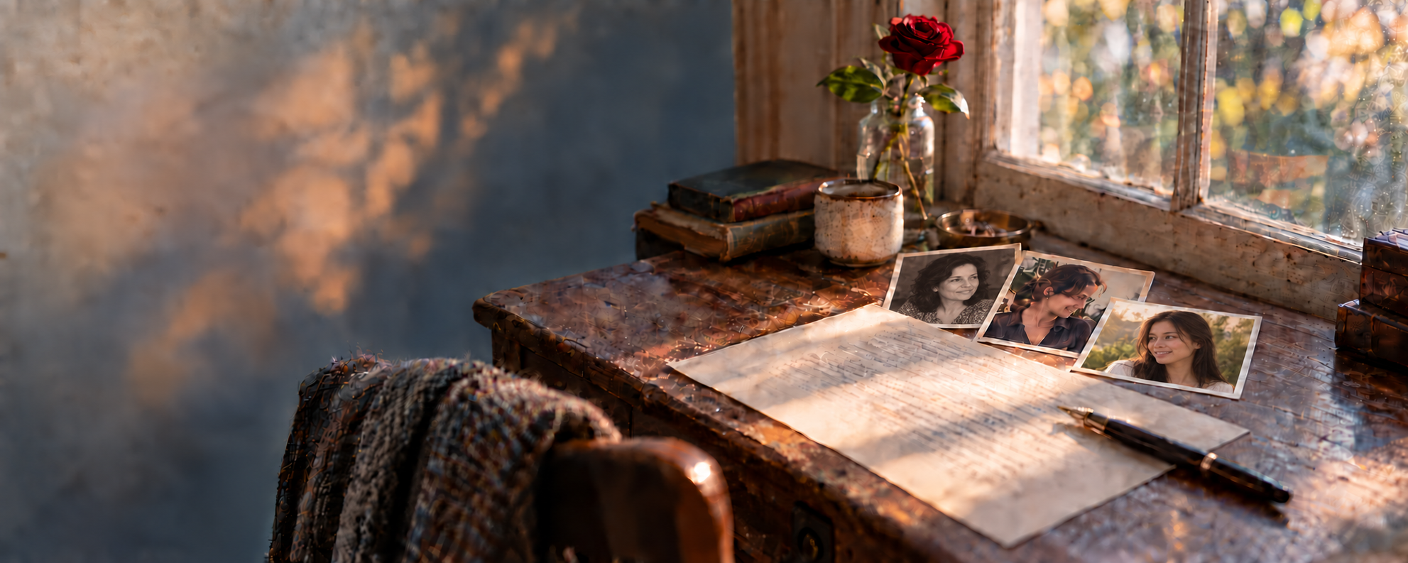 A rose beside three family photographs and a handwritten letter on a desk